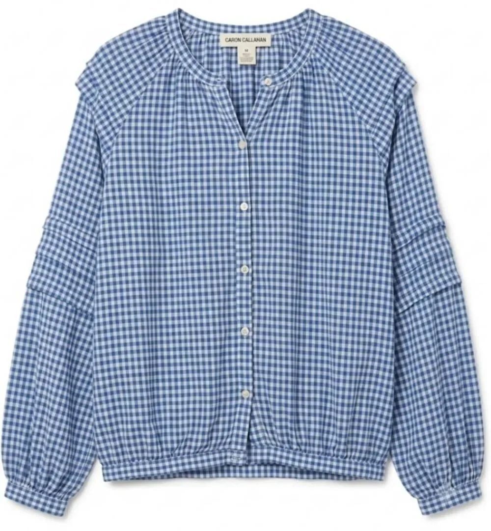 Caron Callahan womens medium cobalt blue gingham shirt tencel cotton peasant top